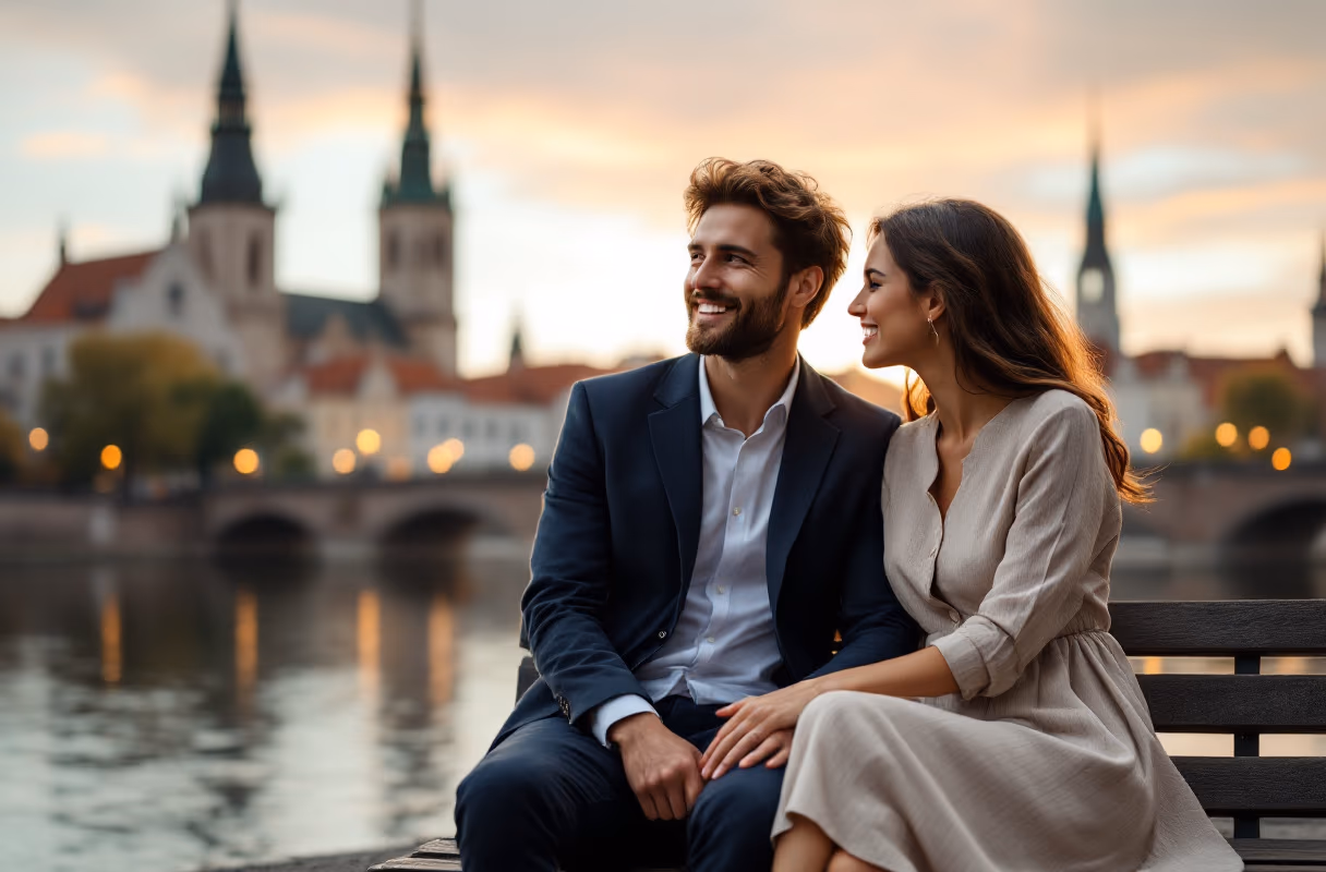 Kaunas Old Town — where the Nemunas and Neris rivers meet A couple by the rivers in Kaunas Old Town at golden hour