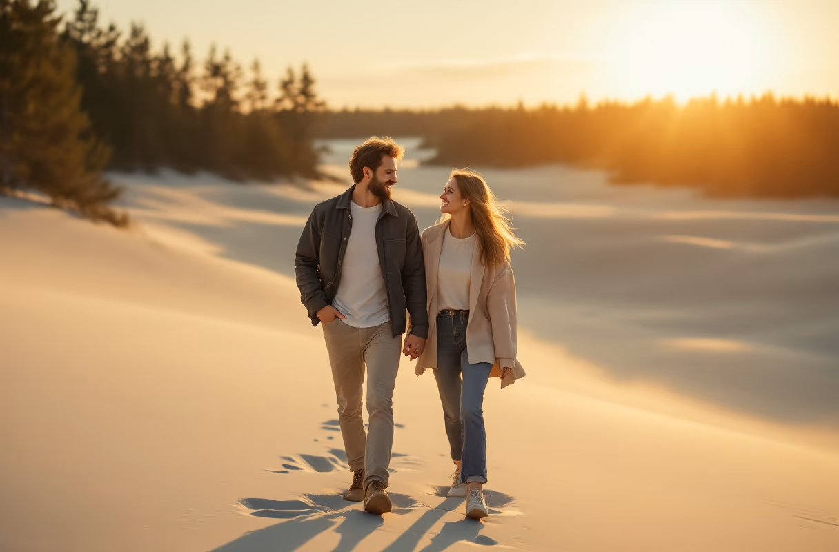 The Curonian Spit — dunes and beaches a short ferry from Klaipeda A couple on the Curonian Spit dunes near Klaipeda at golden hour