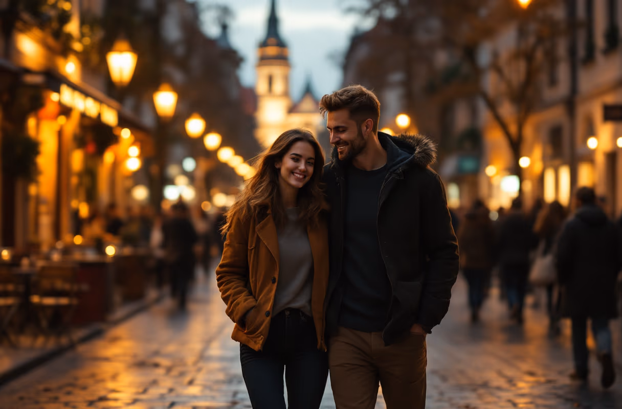 Košice's main street after dark — an easy, open setting for a first meet A couple walking together along Košice's main street at night