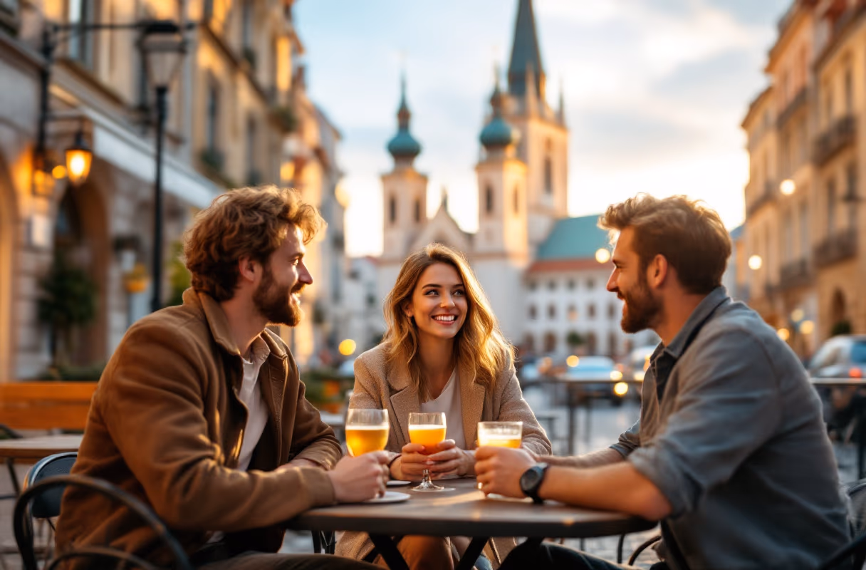 The main street by the cathedral — a relaxed central setting where first meets naturally happen Three people talking on a terrace on Košice's main street near St Elisabeth Cathedral at golden hour