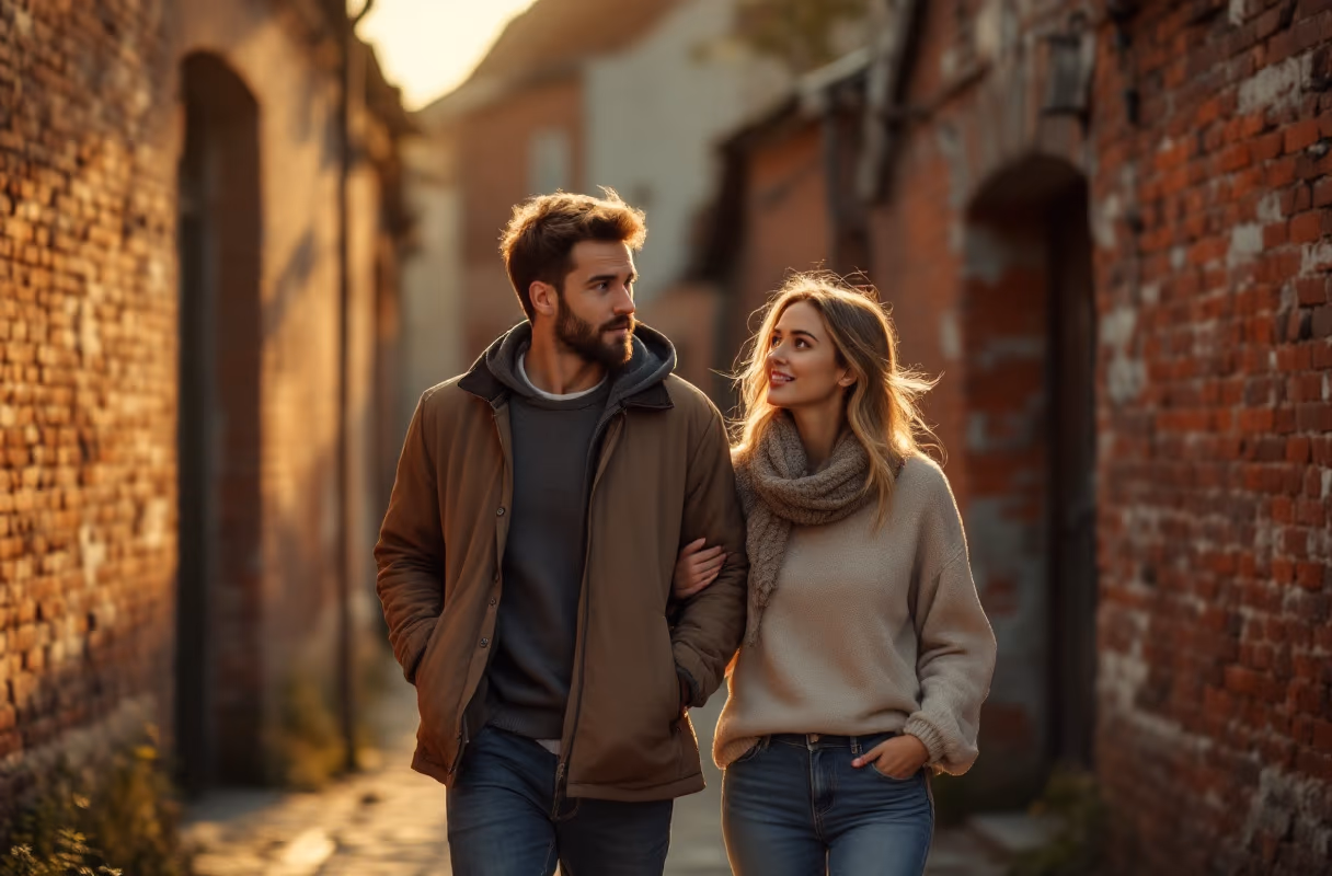 A couple exploring the Karosta district in Liepaja at golden hour