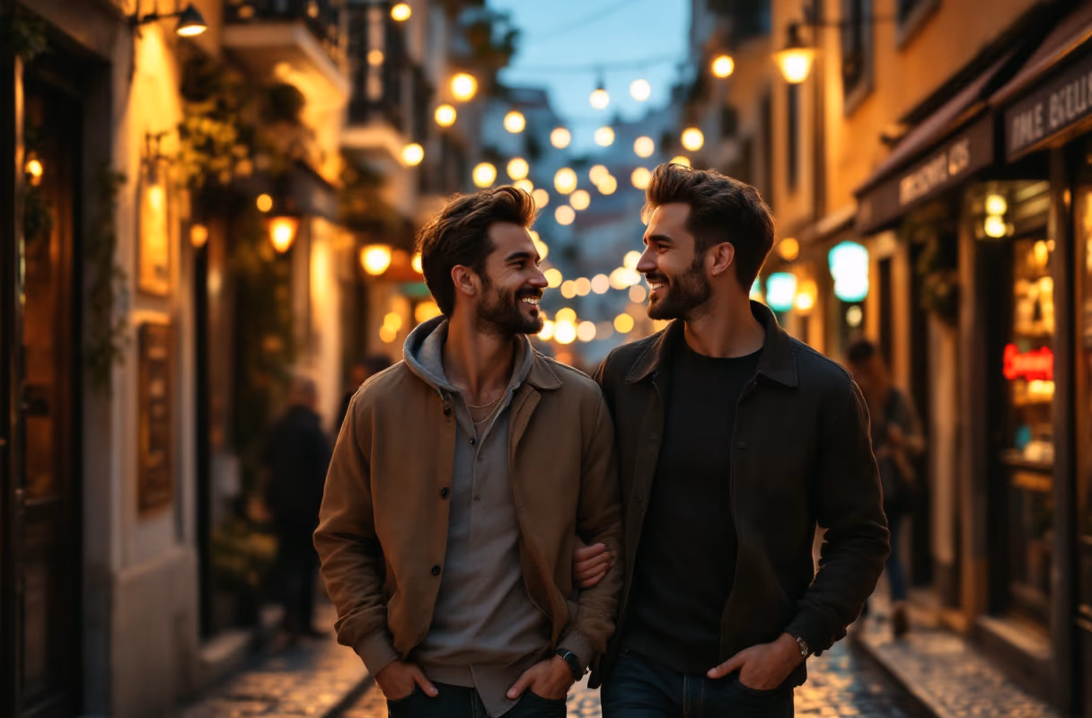 A couple walking together through a lively Bairro Alto street at night