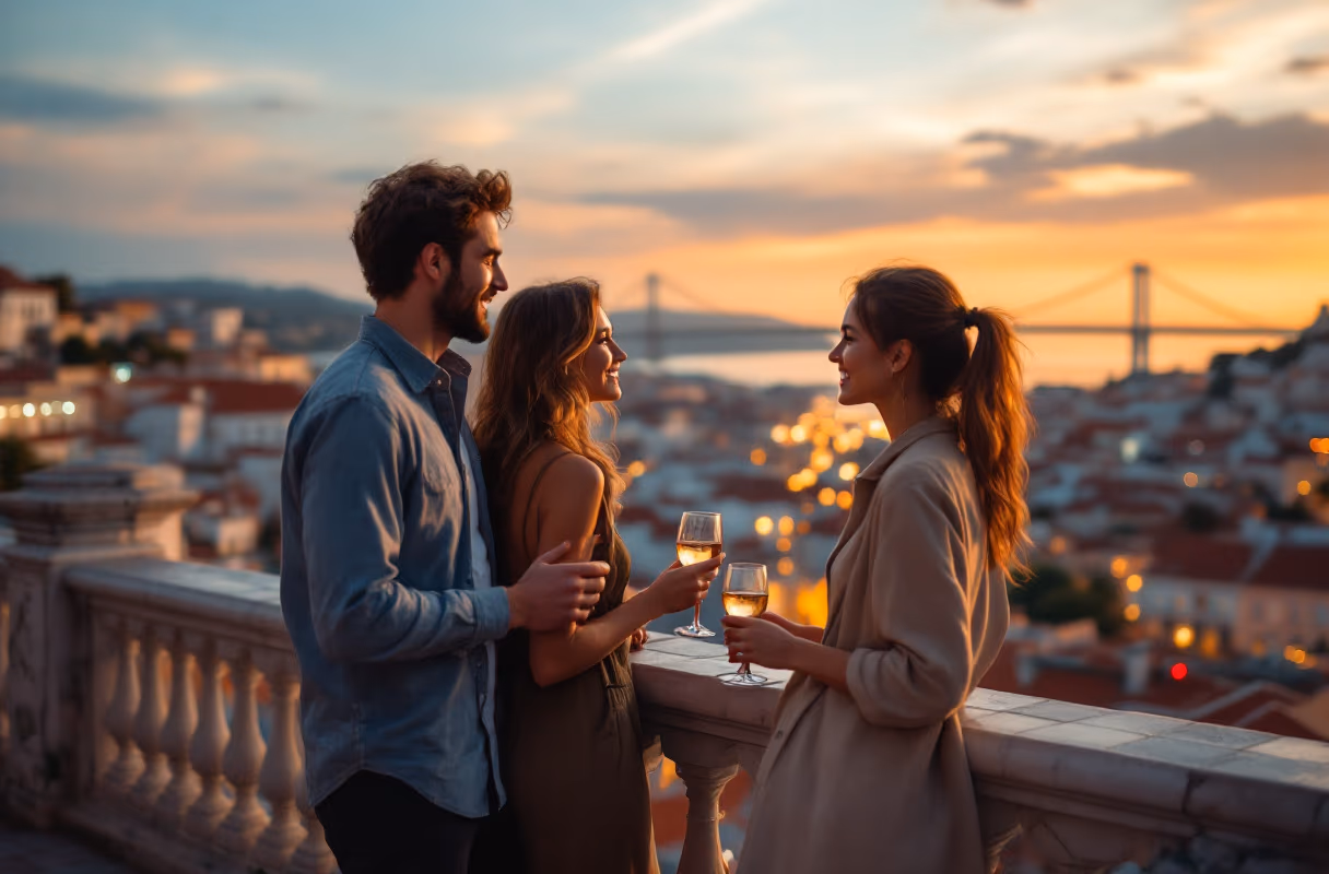 Three people talking at a Lisbon miradouro overlooking the Tagus river at sunset