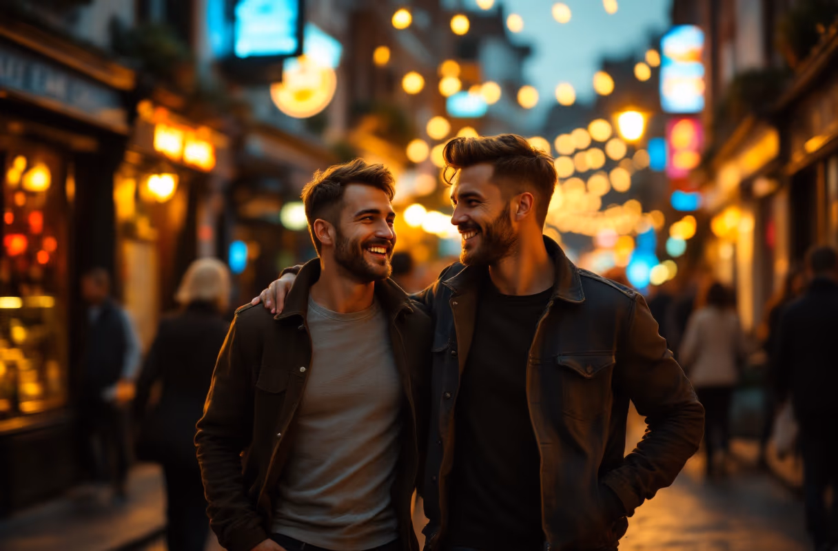 A male couple walking together through a lively Soho street at night