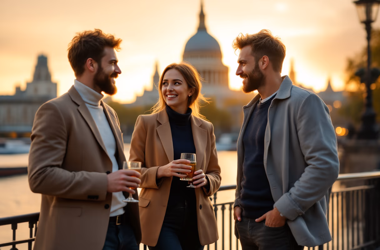 Three people talking on the South Bank with the Thames and St Paul's Cathedral behind them