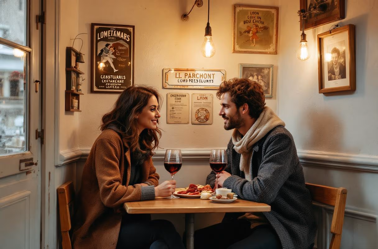 A couple at a table in a typical Lyon bouchon