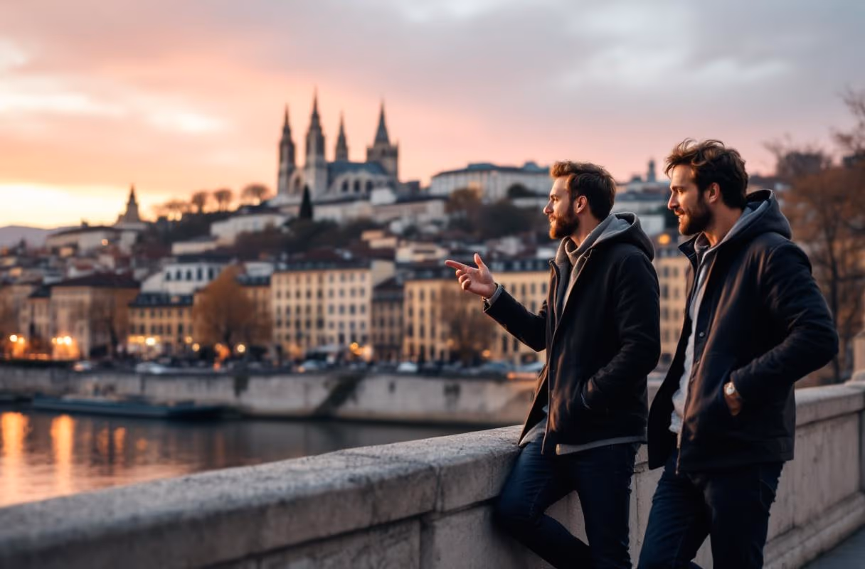Three people on a bridge over the Saône in Lyon at sunset, the basilica of Fourvière on the hill in the background