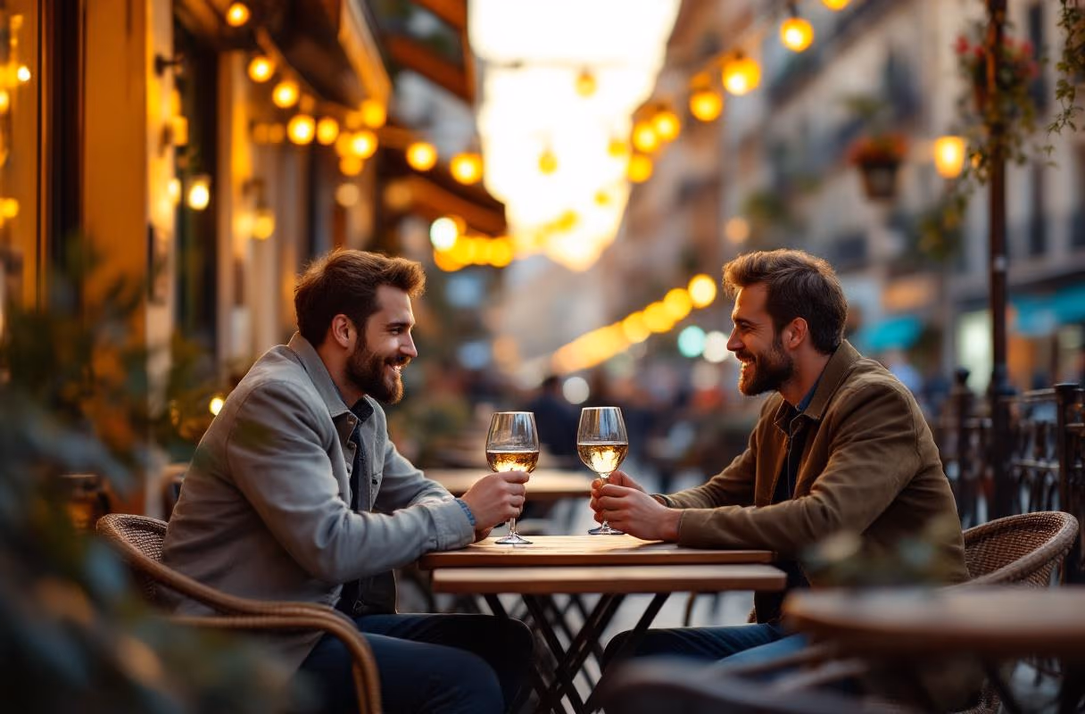 Two men at a terrace in Madrid's Chueca neighborhood