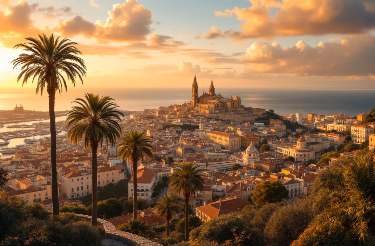 View over Málaga and its port from the Gibralfaro at sunset