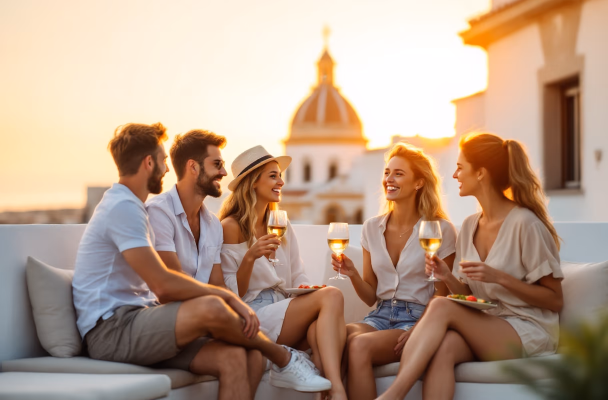 A small group relaxing on a Málaga rooftop terrace at sunset