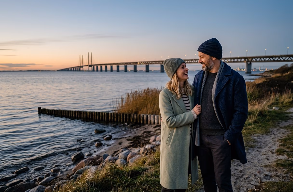 The Øresund shore at dusk — Copenhagen just across the water A couple standing close by the Øresund waterfront in Malmö at dusk with the bridge in the distance
