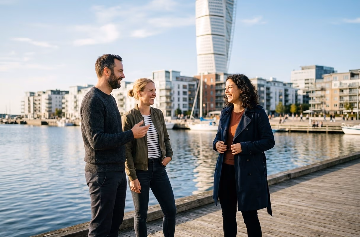 Västra Hamnen — Malmö's young, open waterfront Three people talking by the water in Malmö's Western Harbour with modern architecture behind