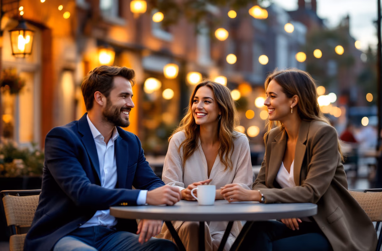 Canal Street by the water — a relaxed, open setting where first meets naturally happen Three people talking outside a bar by the canal on Canal Street, Manchester