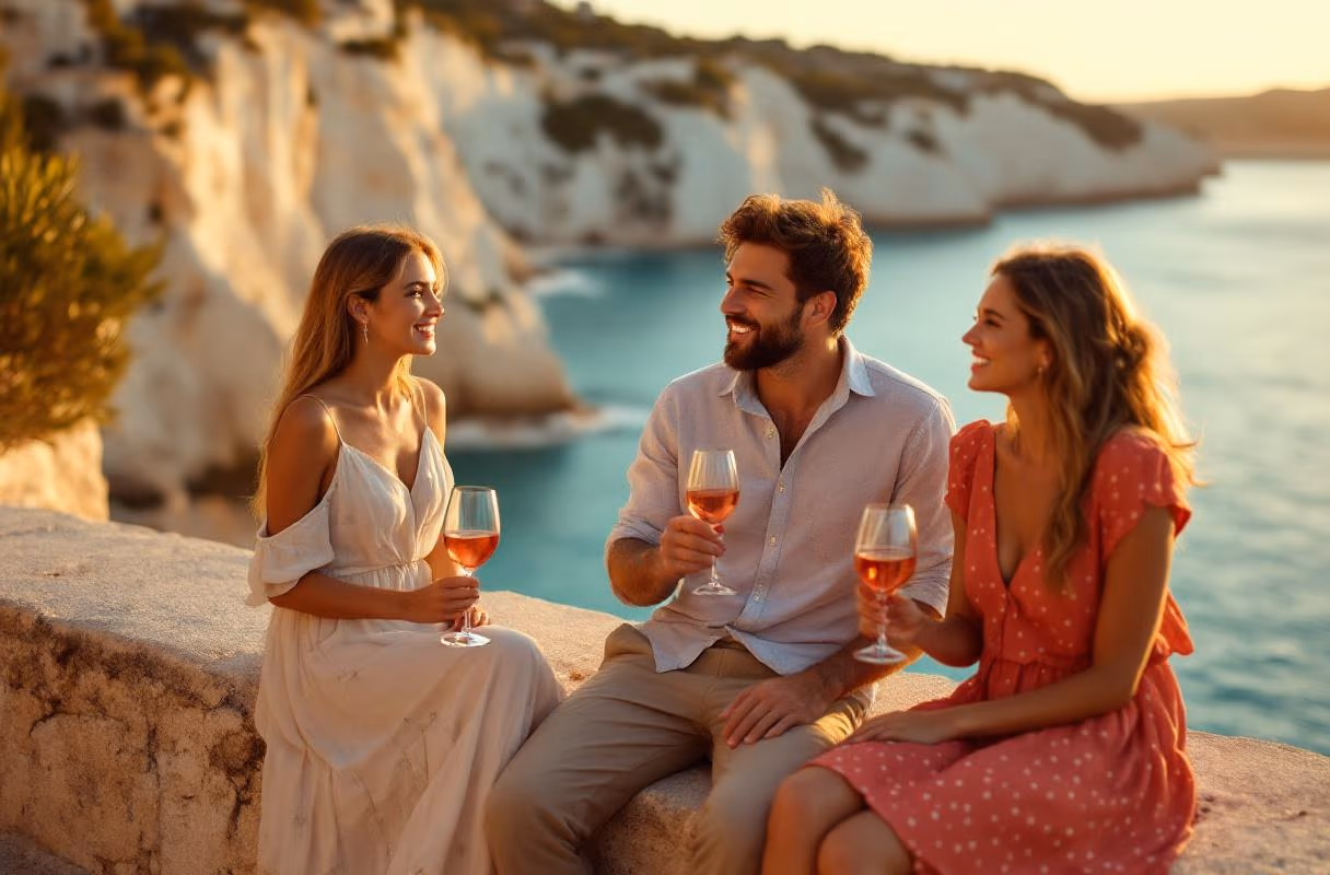 The Calanques and Mediterranean coastline — natural setting for meetings on the Côte d'Azur A couple and another person on the seafront in Marseille at sunset