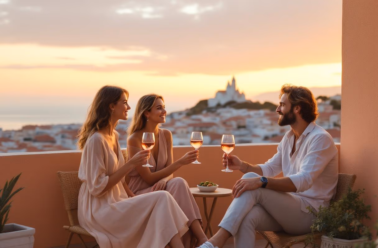 A Le Panier rooftop at sunset — Notre-Dame de la Garde overlooks the city Three people on a Le Panier rooftop in Marseille at sunset, Notre-Dame de la Garde on the hill in the background
