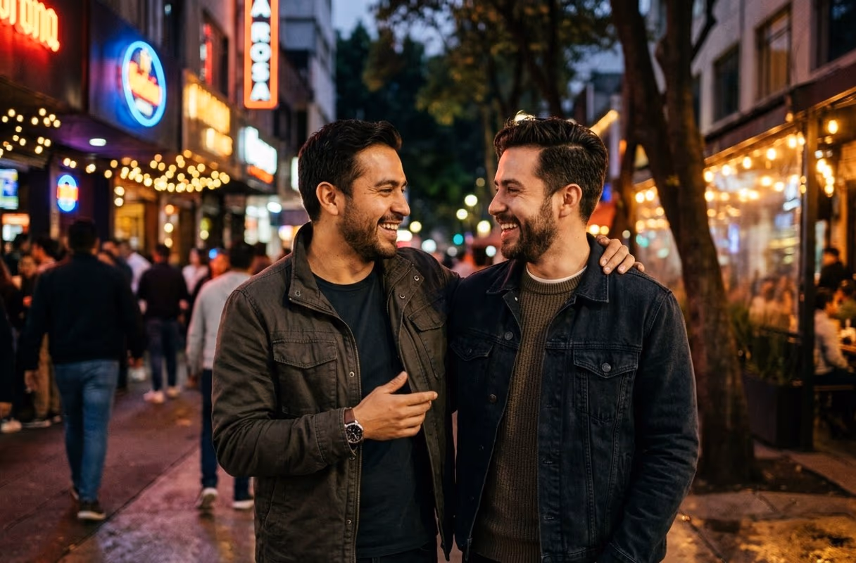 A couple talking under neon signs on a busy evening street in Zona Rosa, Mexico City