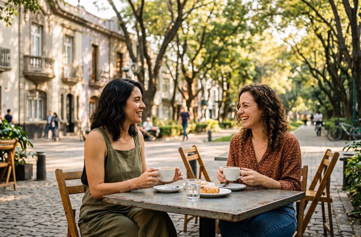 Two women talking over coffee at a sidewalk café under the trees of Condesa, Mexico City