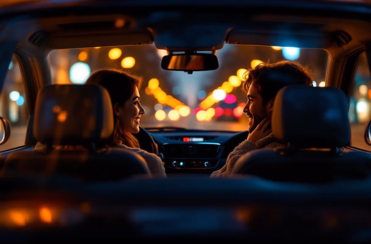 Heading to a private meet-up — the Milanese rhythm where logistics matter as much as the first meeting itself A couple in a car at evening on a central Milan boulevard, city lights reflecting in the windshield