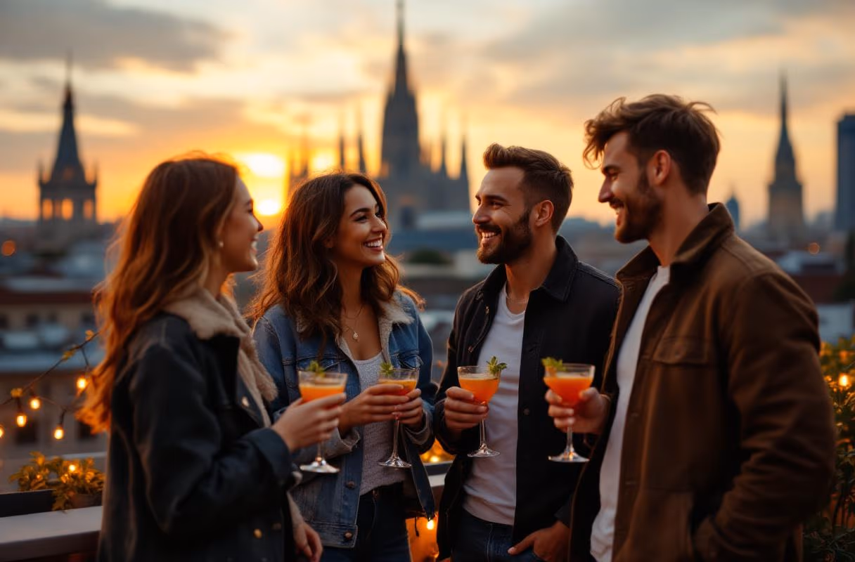 A Milan rooftop at golden hour — first meets often start here, in plain sight Four people on a Milan rooftop bar at golden hour with the Duomo skyline behind
