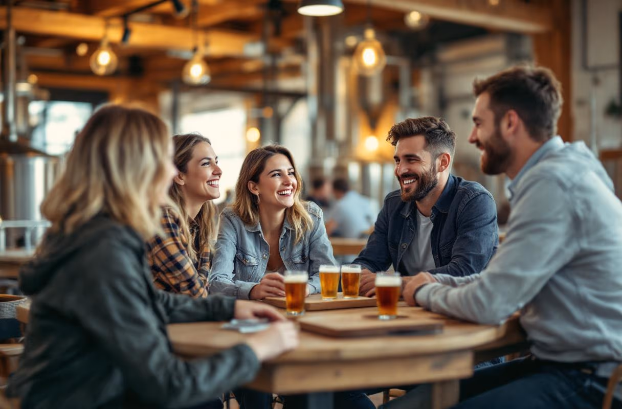 Four people at a high table in a craft brewery in Munich in the evening
