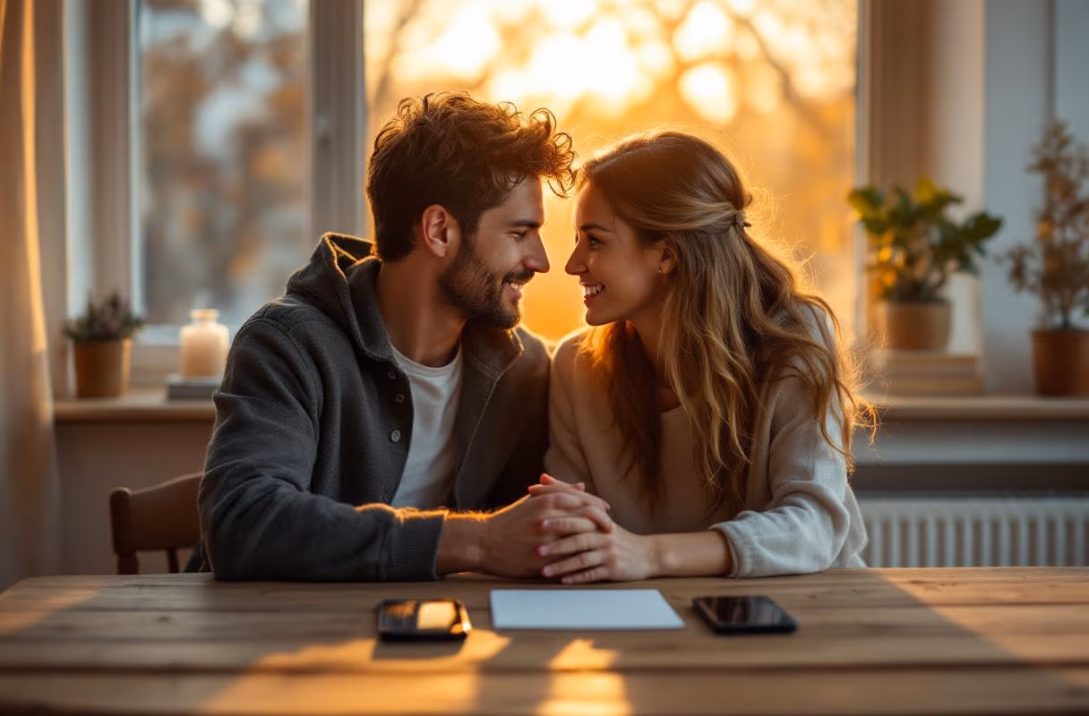 A couple at a table in a Munich apartment at sunset, calmly aligning on something together