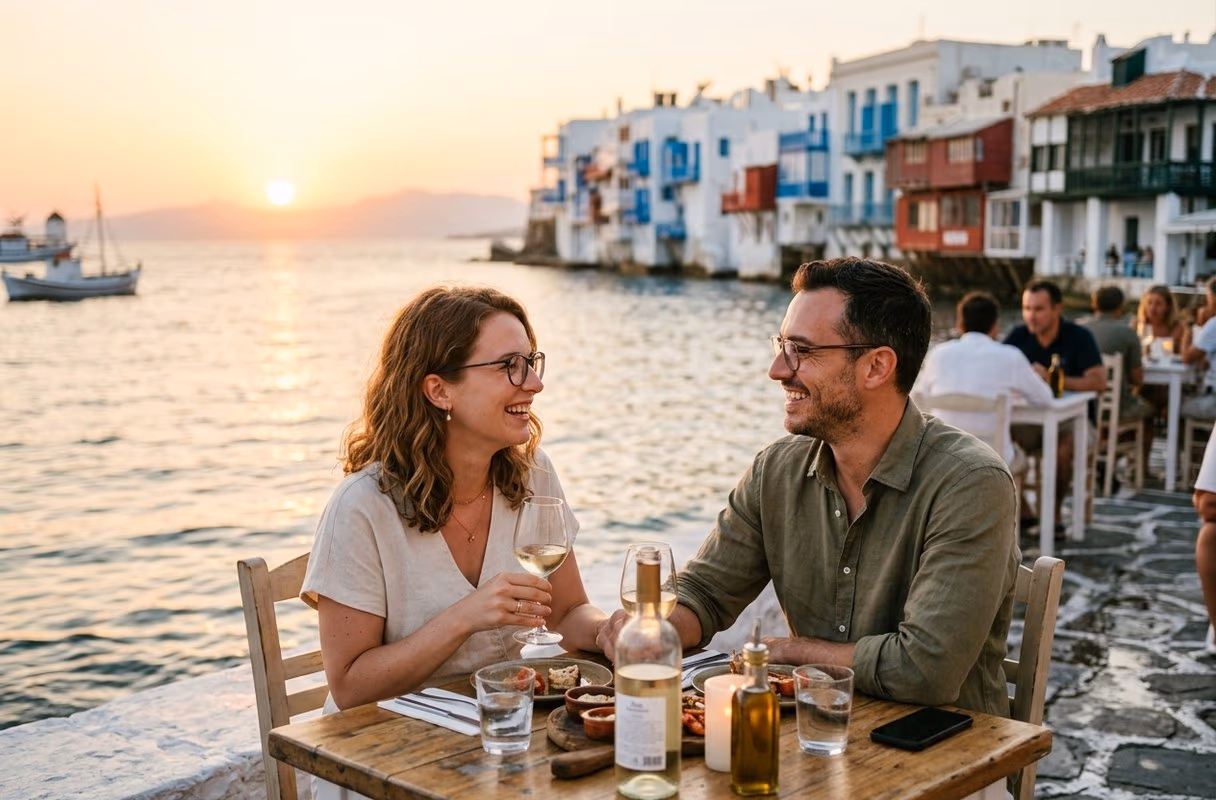 Little Venice at sunset — the island's front row A couple with drinks at a seafront table in Little Venice, Mykonos, at sunset