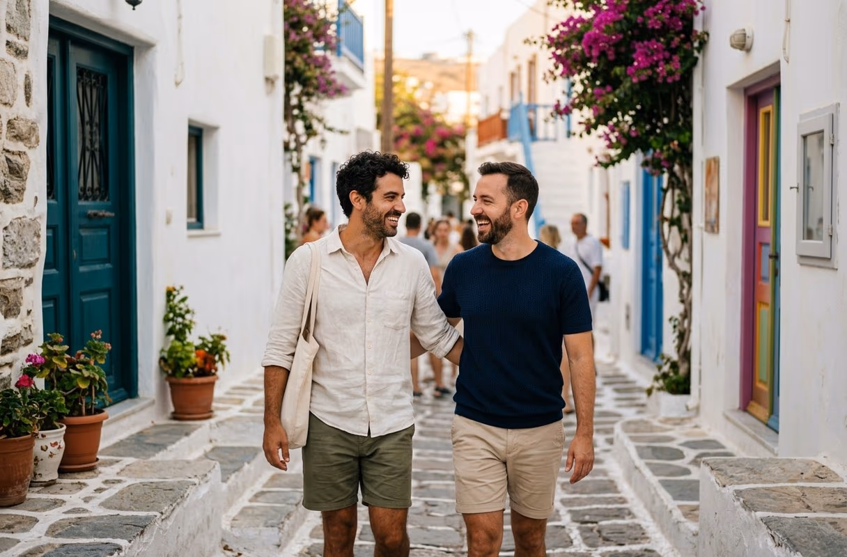 The Chora's lanes — open since before it was a movement Two men talking in a whitewashed lane of Mykonos old town in late-afternoon light