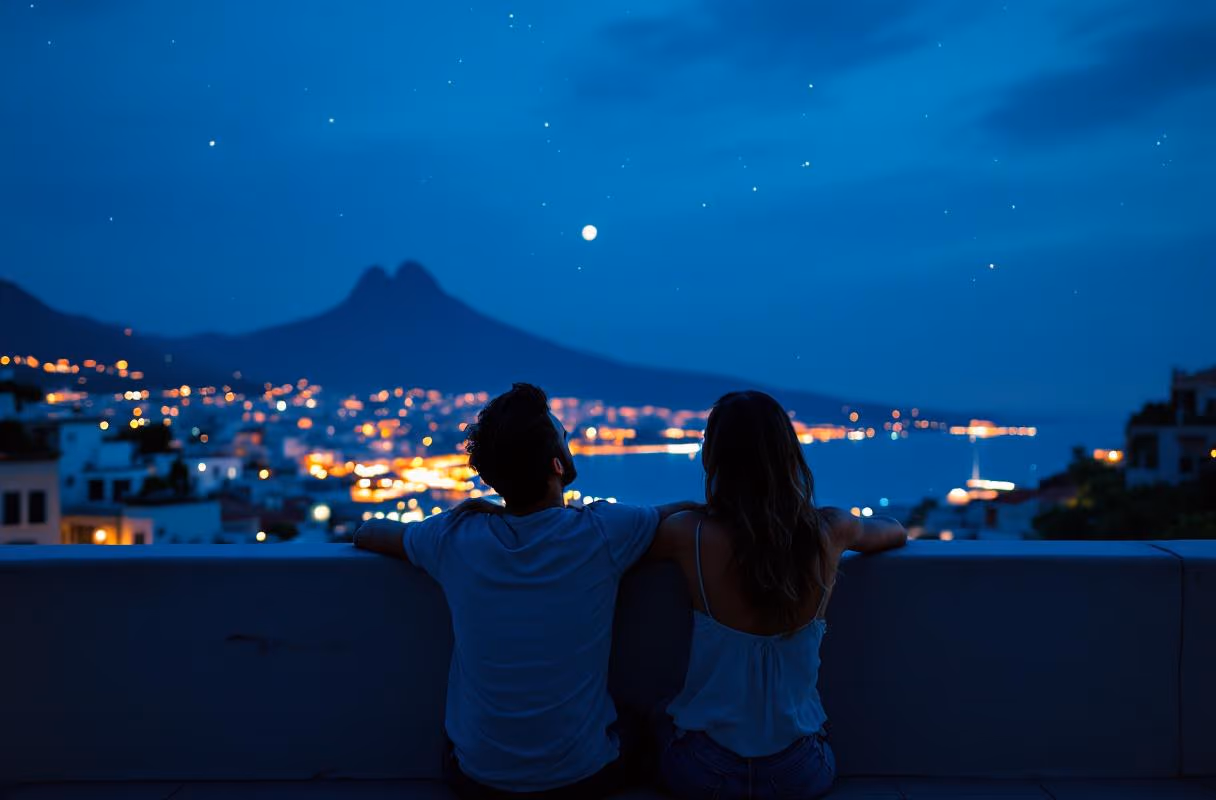 Vomero at blue hour — small private terraces are where many of the city's quieter scenes meet A couple on a Vomero rooftop at blue hour with the Bay of Naples and Vesuvius silhouette behind