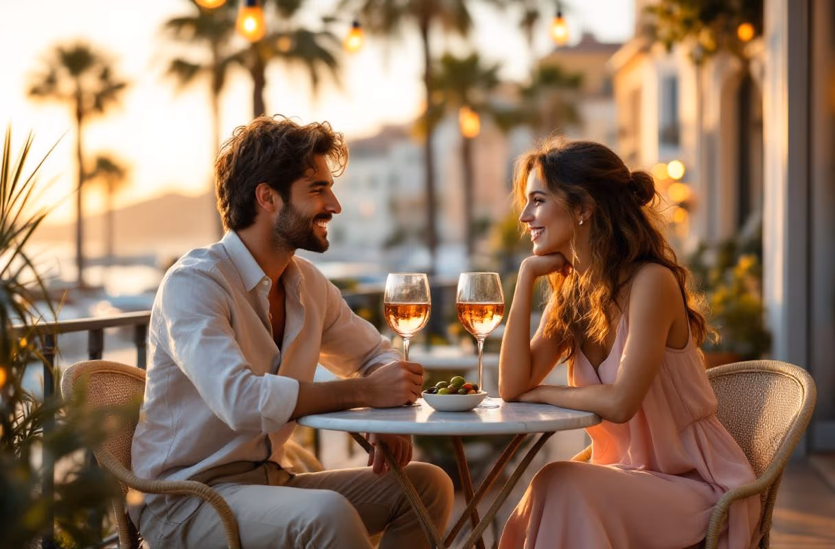 A café terrace on the Côte d'Azur — traditional setting for an unhurried first meeting A couple at a café terrace in Nice at sunset