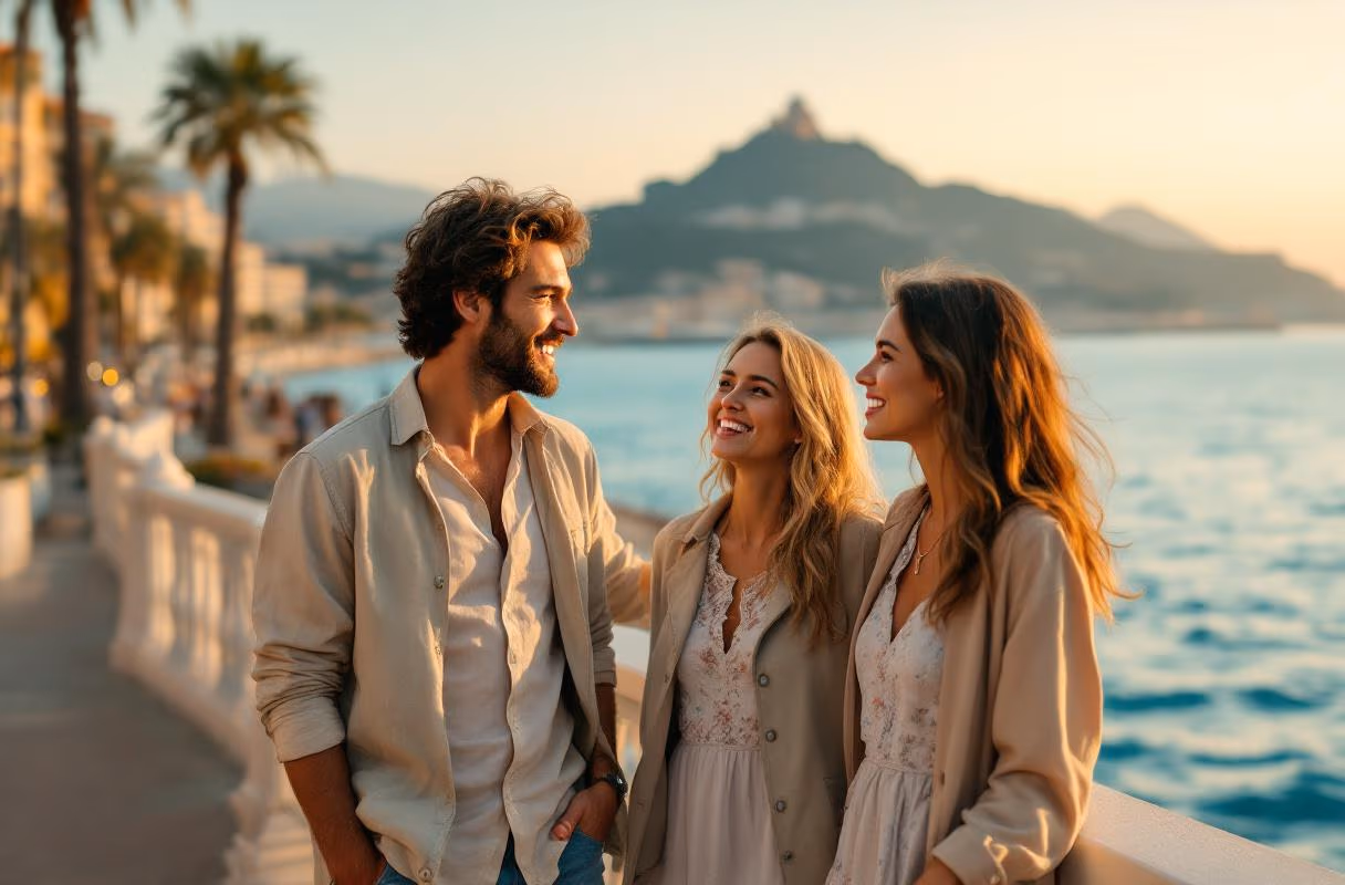 The Promenade des Anglais — symbol of Nice and the Côte d'Azur Three people on the Promenade des Anglais in Nice at golden hour, the Baie des Anges in the background