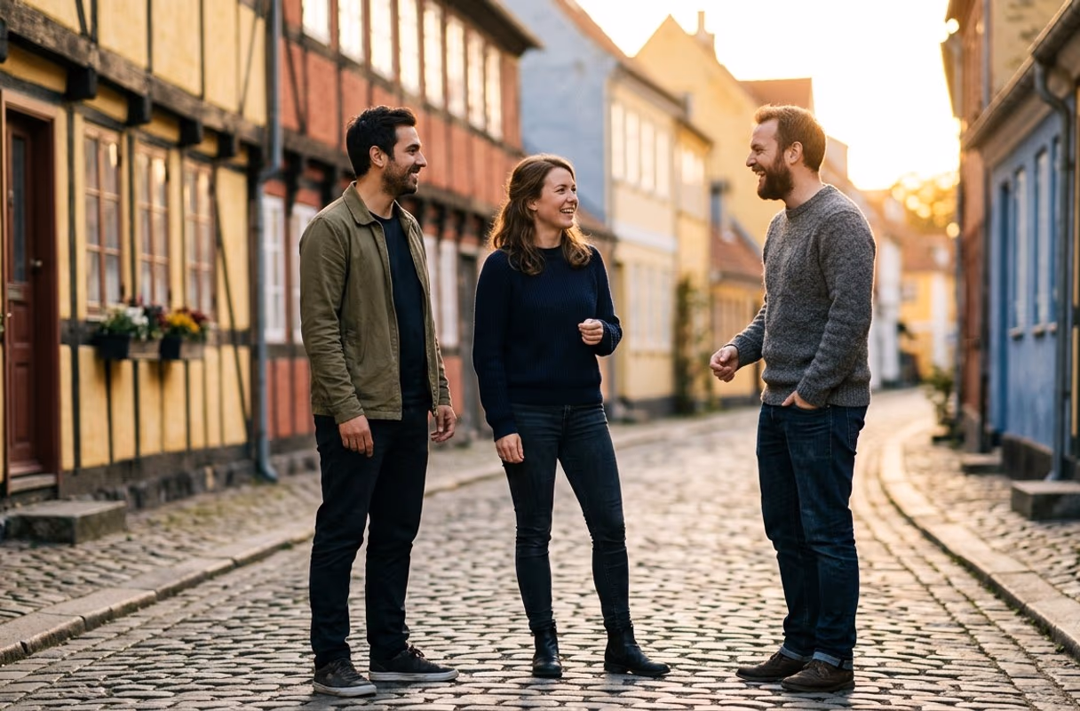 Odense's old centre — small, walkable, unhurried Three people talking on a cobbled street in the old centre of Odense