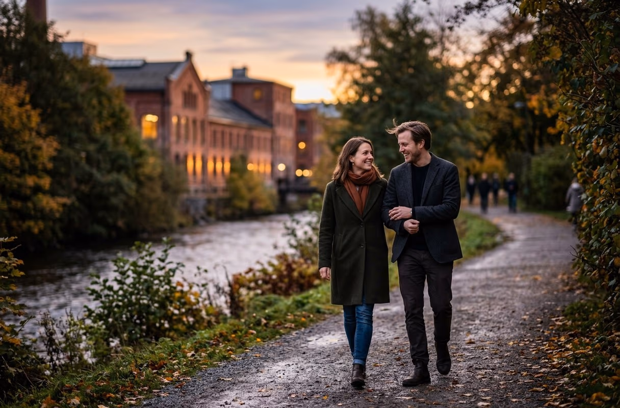 A couple walking together along the Akerselva river path in the Grünerløkka district of Oslo