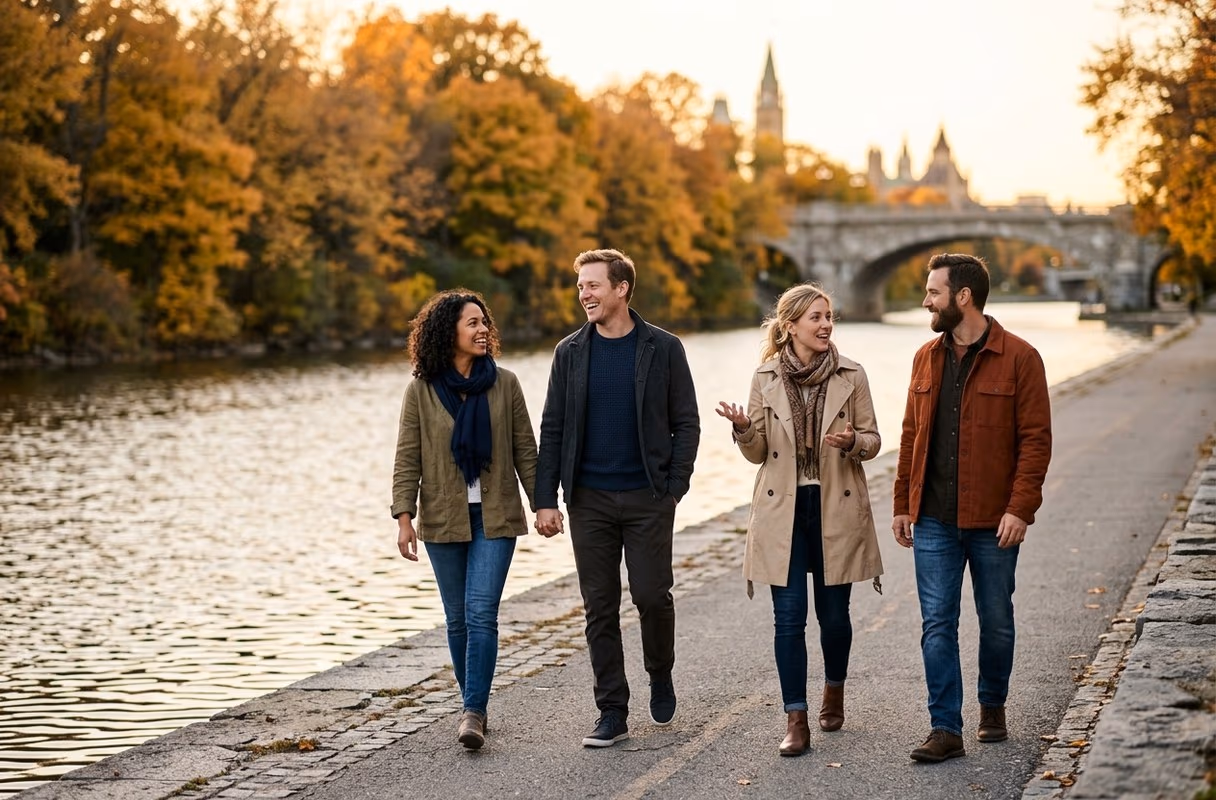 The canal at dusk — a capital that keeps its evenings private Two couples walking along the Rideau Canal path in Ottawa in warm evening light