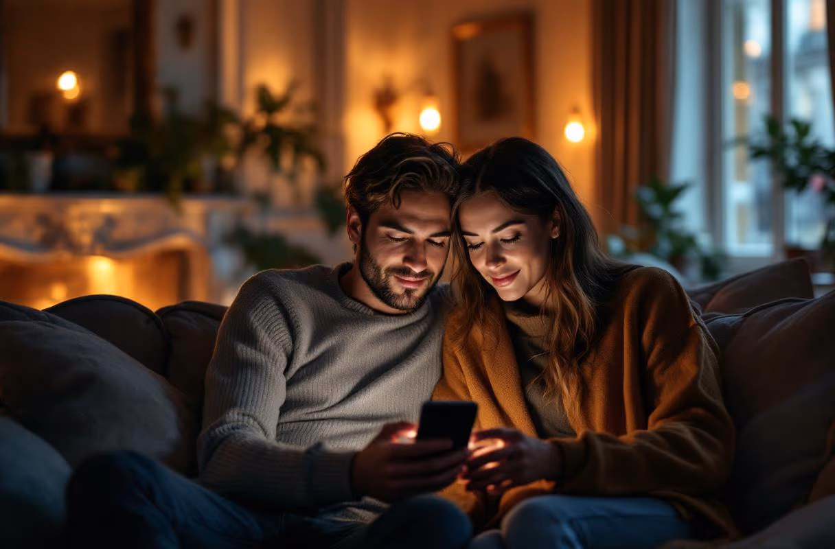Browsing profiles together — a typical format for a couple looking for a third A couple looking at a phone screen in a Parisian apartment in the evening