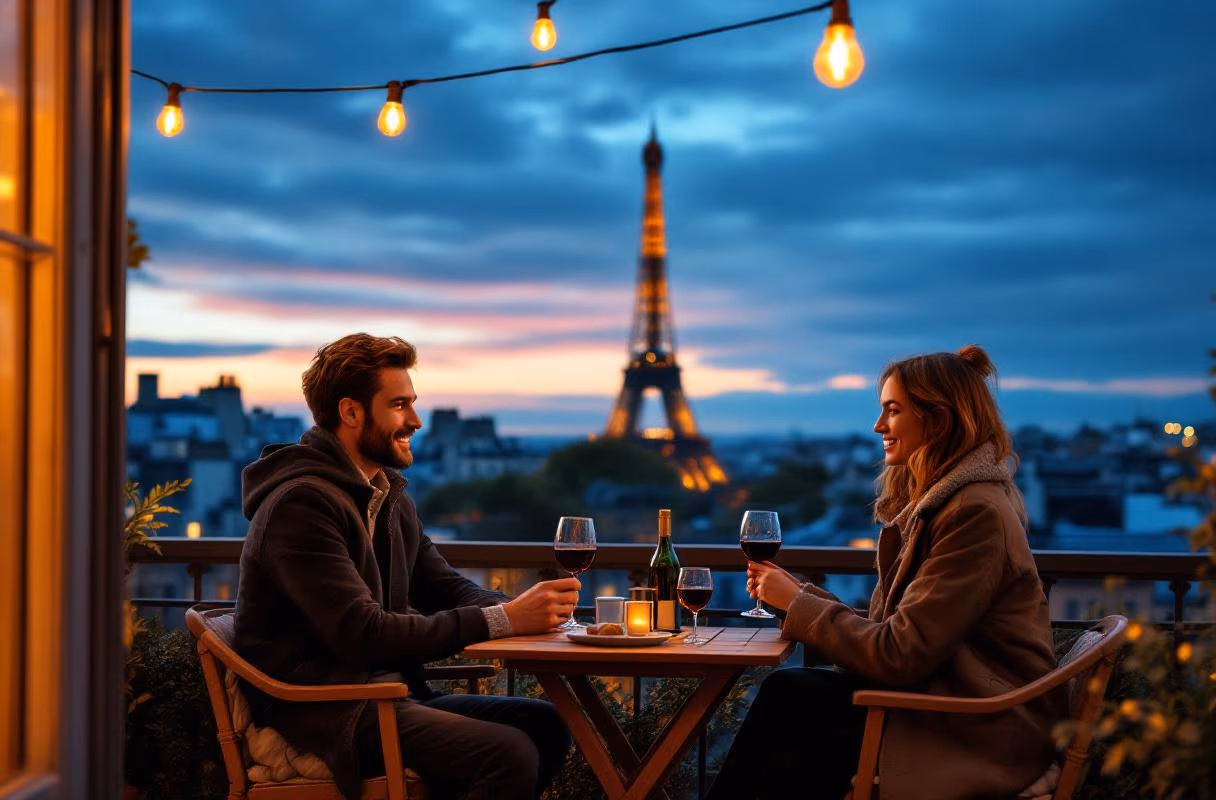 A Paris rooftop at blue hour — a characteristic setting for an unhurried meeting of three Three people on a Parisian rooftop with the Eiffel Tower at blue hour