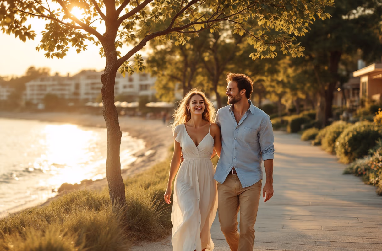 A couple on the Parnu beach promenade at golden hour