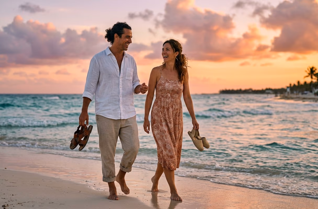 The shoreline at sunset — a scene that stays past the season Two friends walking barefoot along the shoreline in Playa del Carmen at sunset