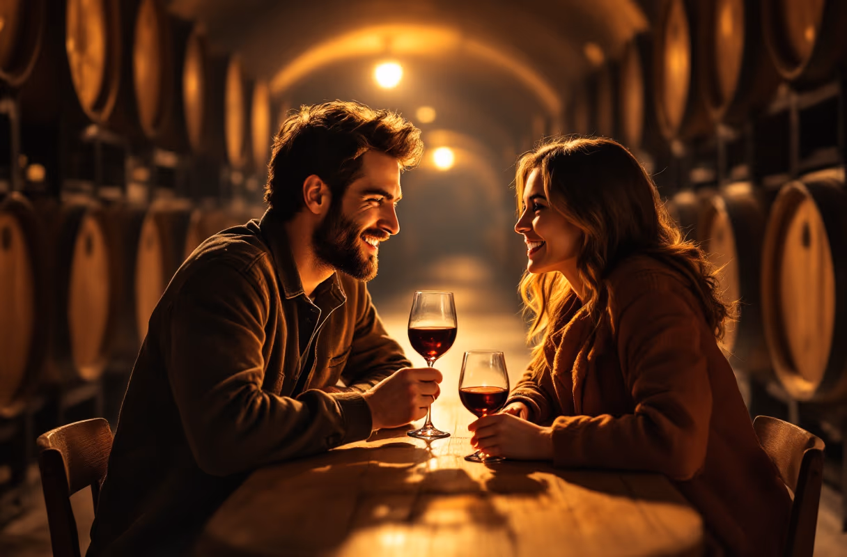 A Gaia port cellar — an unhurried setting for getting to know someone A couple tasting port wine together at a Gaia cellar across from Porto