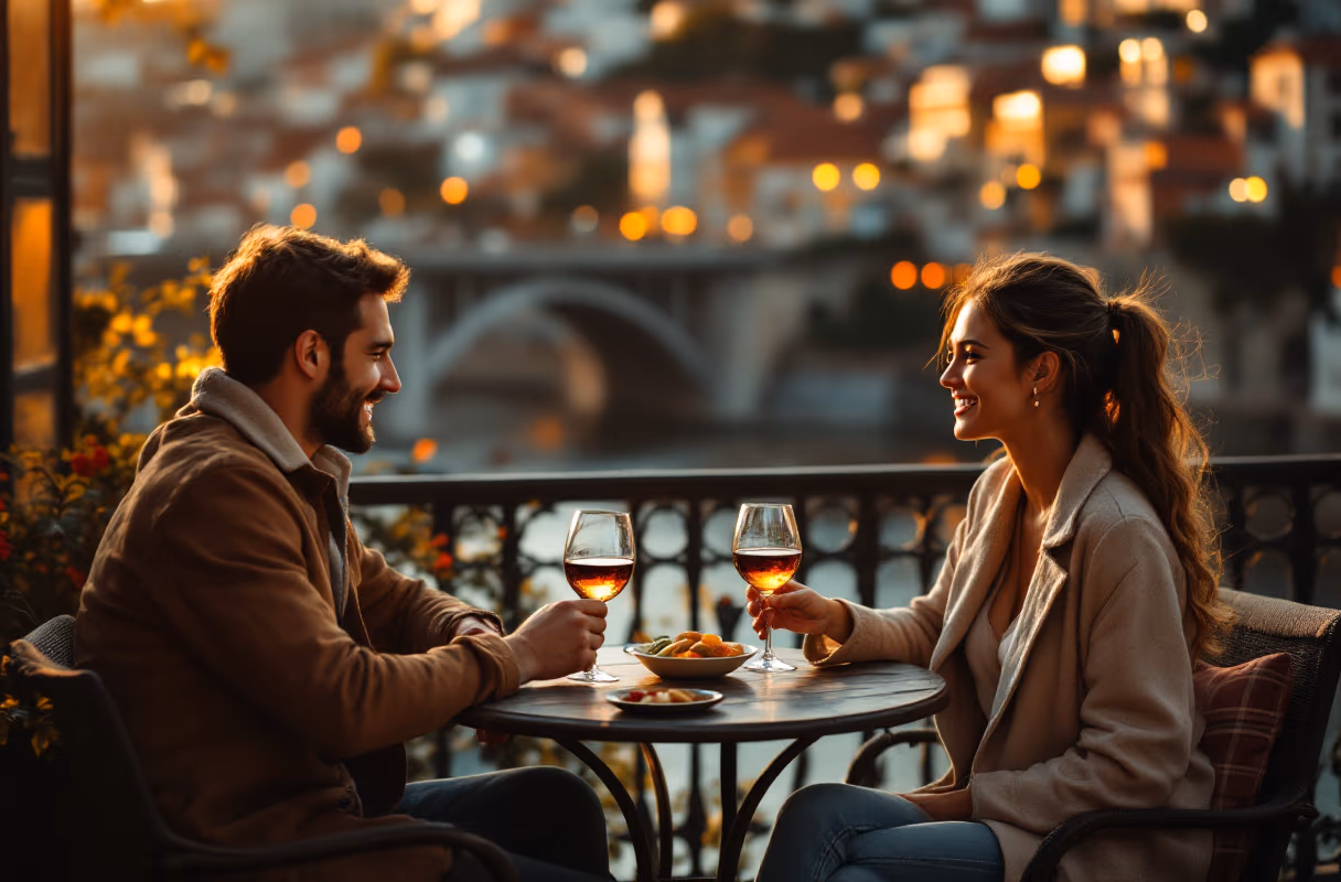 Ribeira by the Douro — a relaxed riverside setting where first meets naturally happen Three people talking on a Ribeira terrace overlooking the Douro river and the Dom Luís bridge