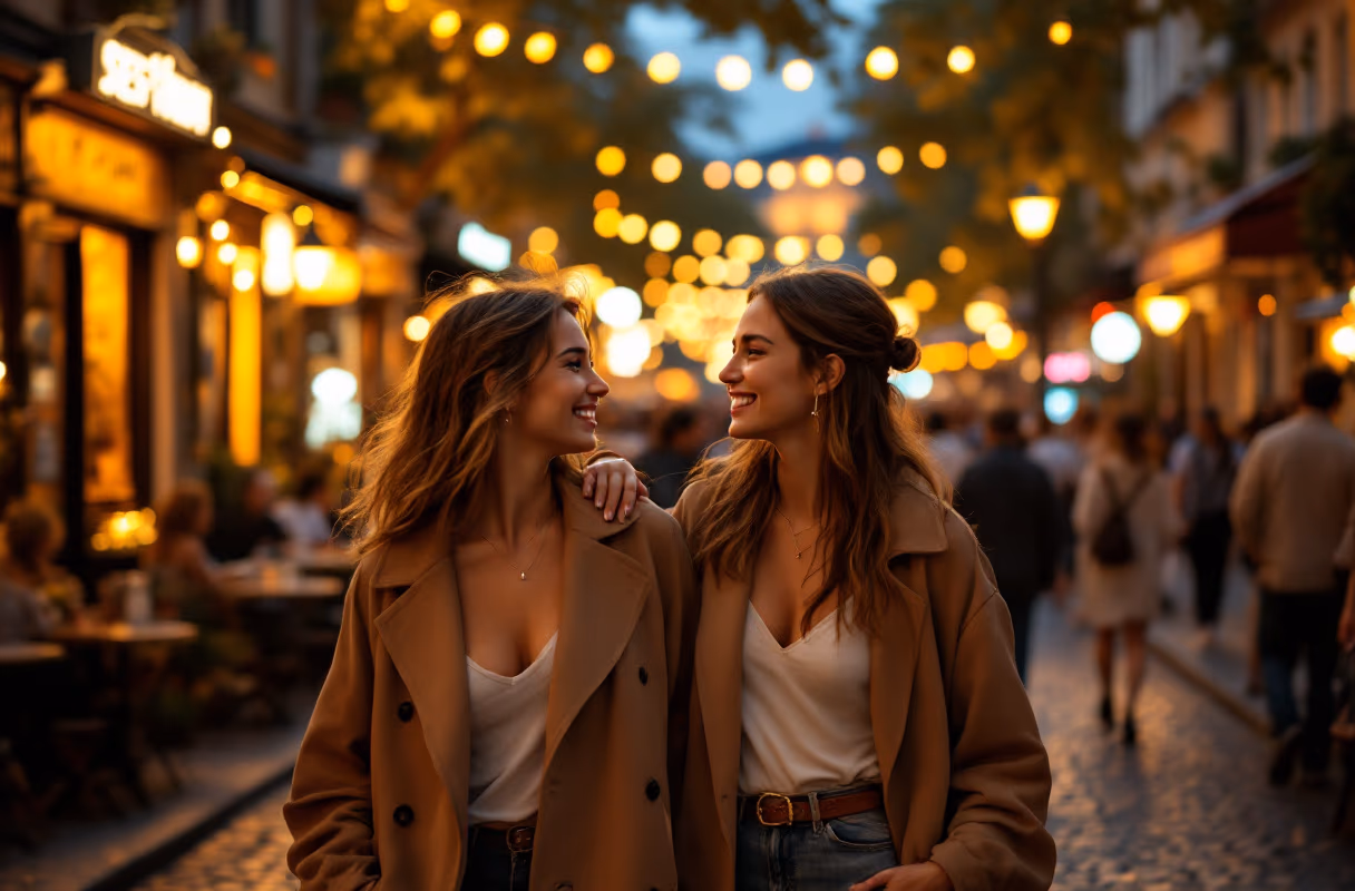 Vinohrady after dark — an easy, open setting for a first meet in central Prague A female couple walking together through the lively Vinohrady quarter in Prague at night
