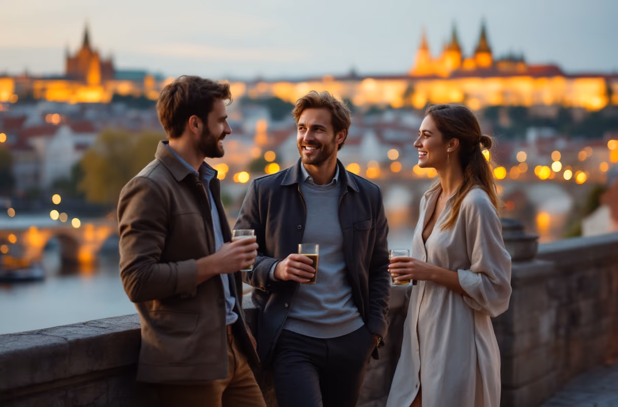 The Charles Bridge district — a relaxed central setting where first meets naturally happen Three people talking on a terrace overlooking Charles Bridge in Prague at golden hour