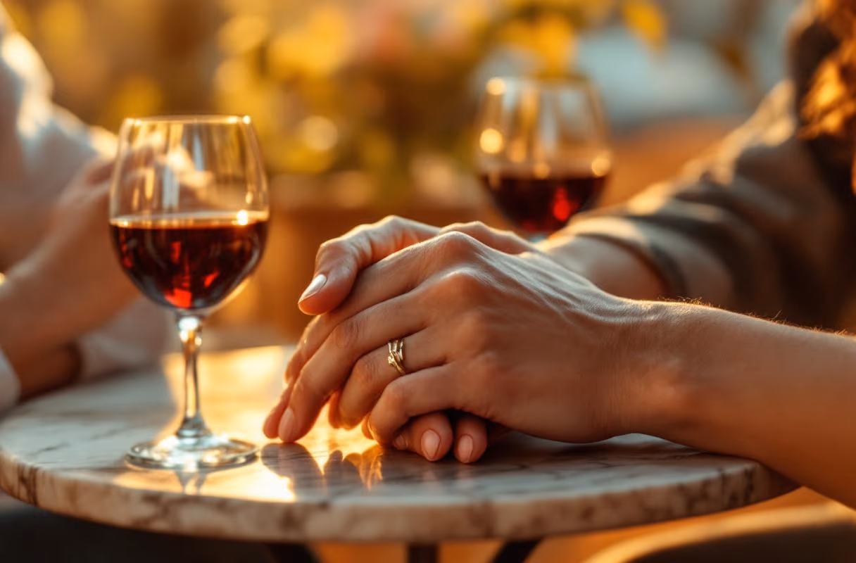Trastevere — the small intimate venues where private meet-ups naturally happen Three hands resting close together at a Trastevere bistro table at golden hour