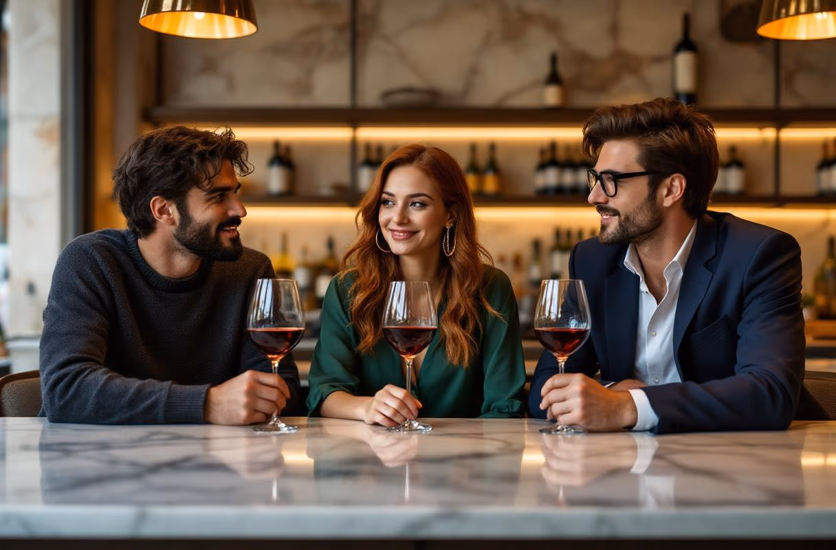 Roman enoteca — a natural setting for getting to know someone before deciding on the next step Three people at a Roman enoteca counter in the evening