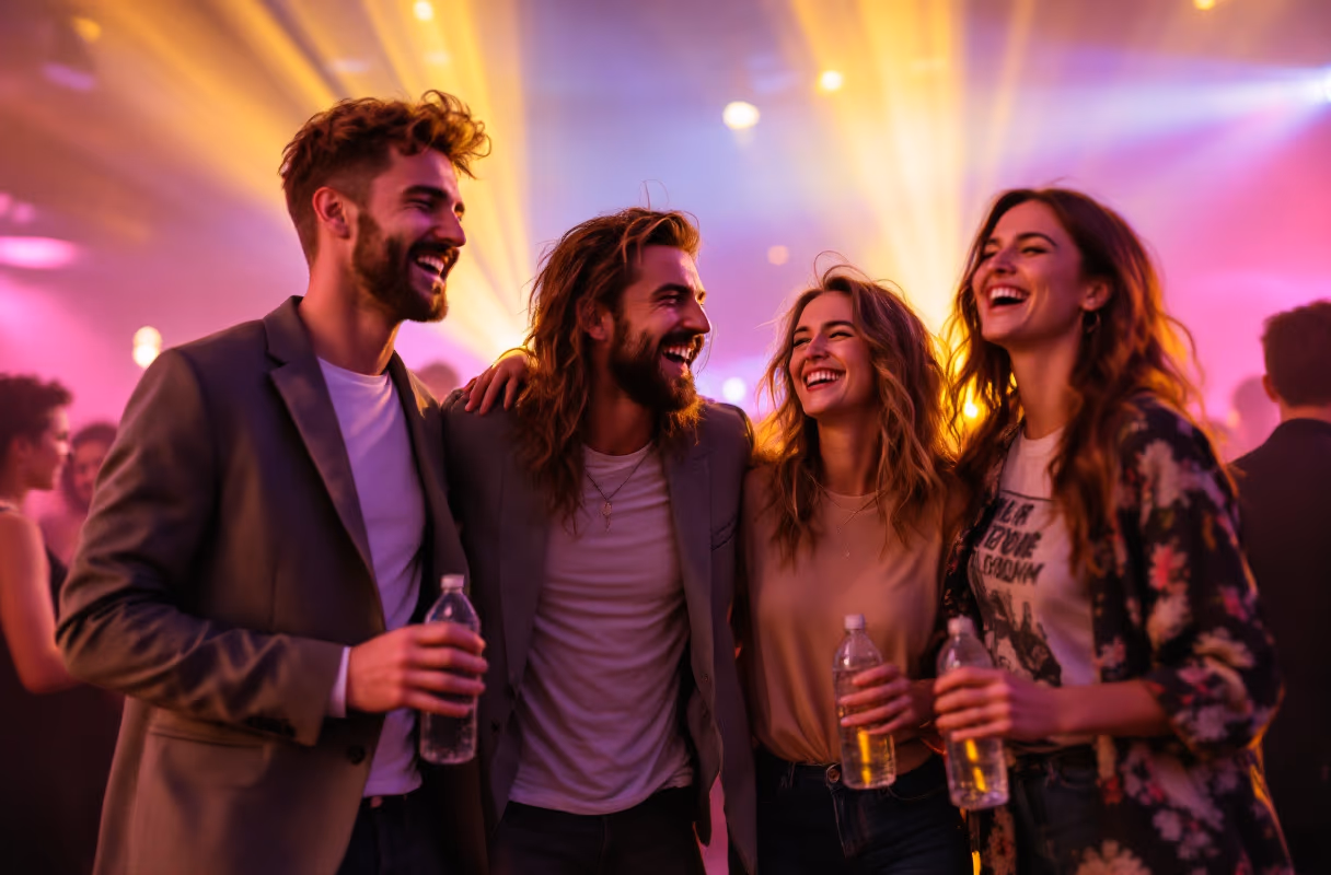 A pause at the club's edge — Rotterdam's grounded nightlife, where easy first meets happen Four people laughing at the edge of a dance floor in a Rotterdam club