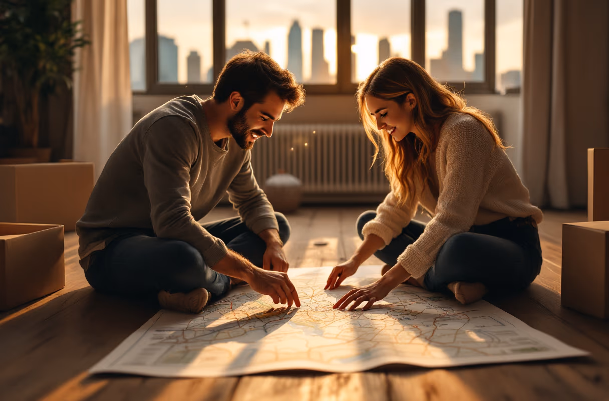 Planning a next step together — the shared, deliberate approach Gramsy is built around A couple planning together over a paper map on the floor of a modern Rotterdam apartment