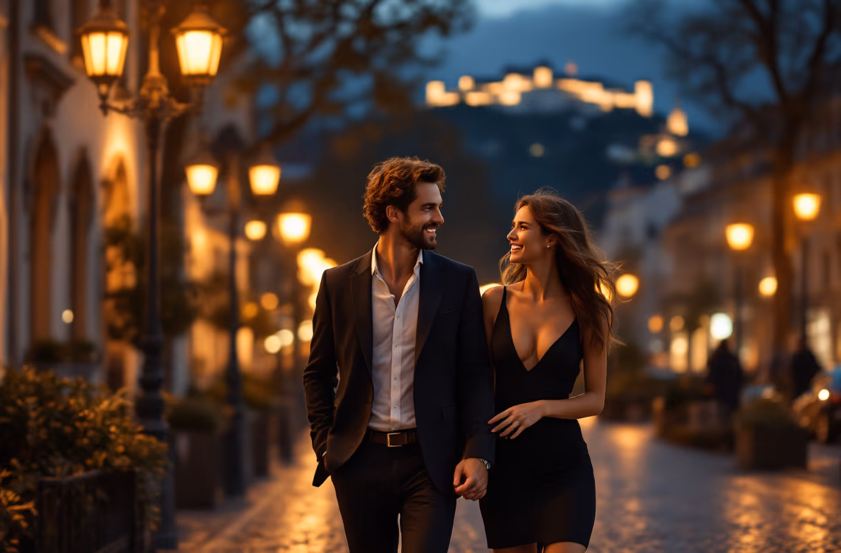 A couple walking together near the Mirabell gardens in Salzburg at night