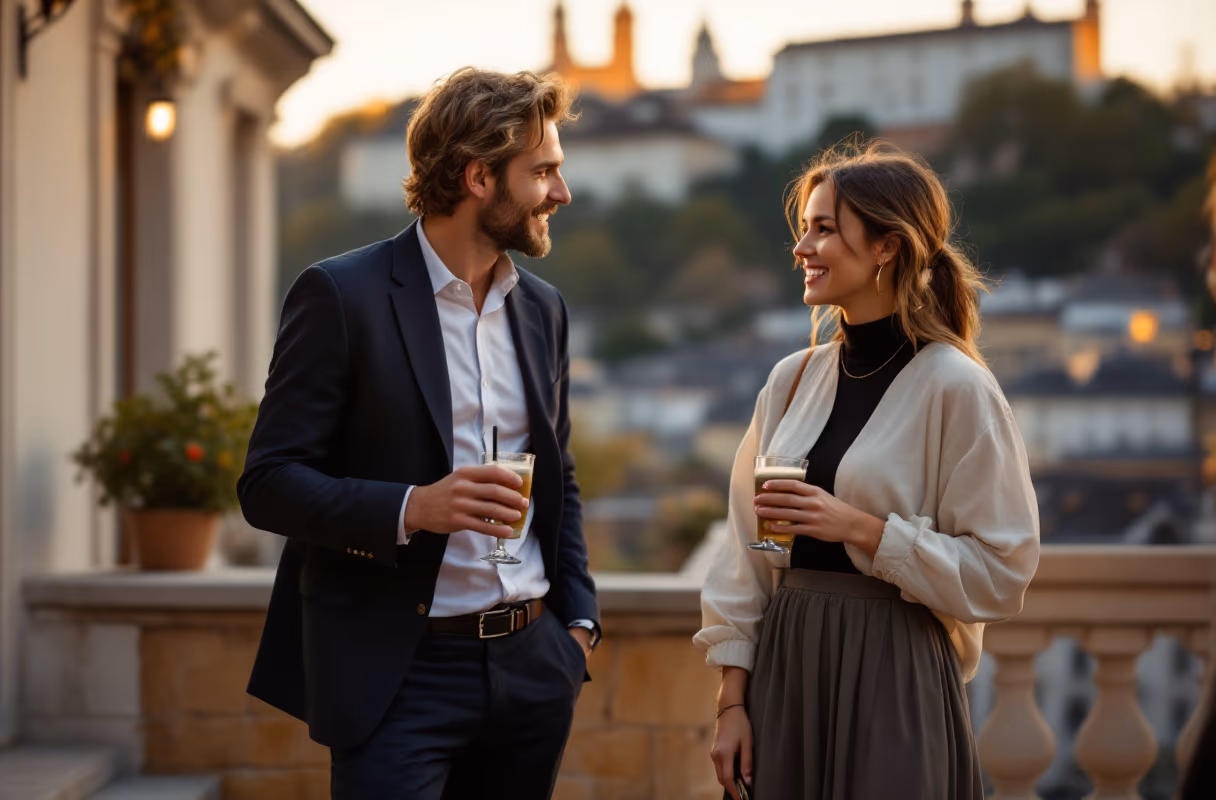 Three people talking on a terrace in Salzburg's Altstadt with the fortress behind, at golden hour