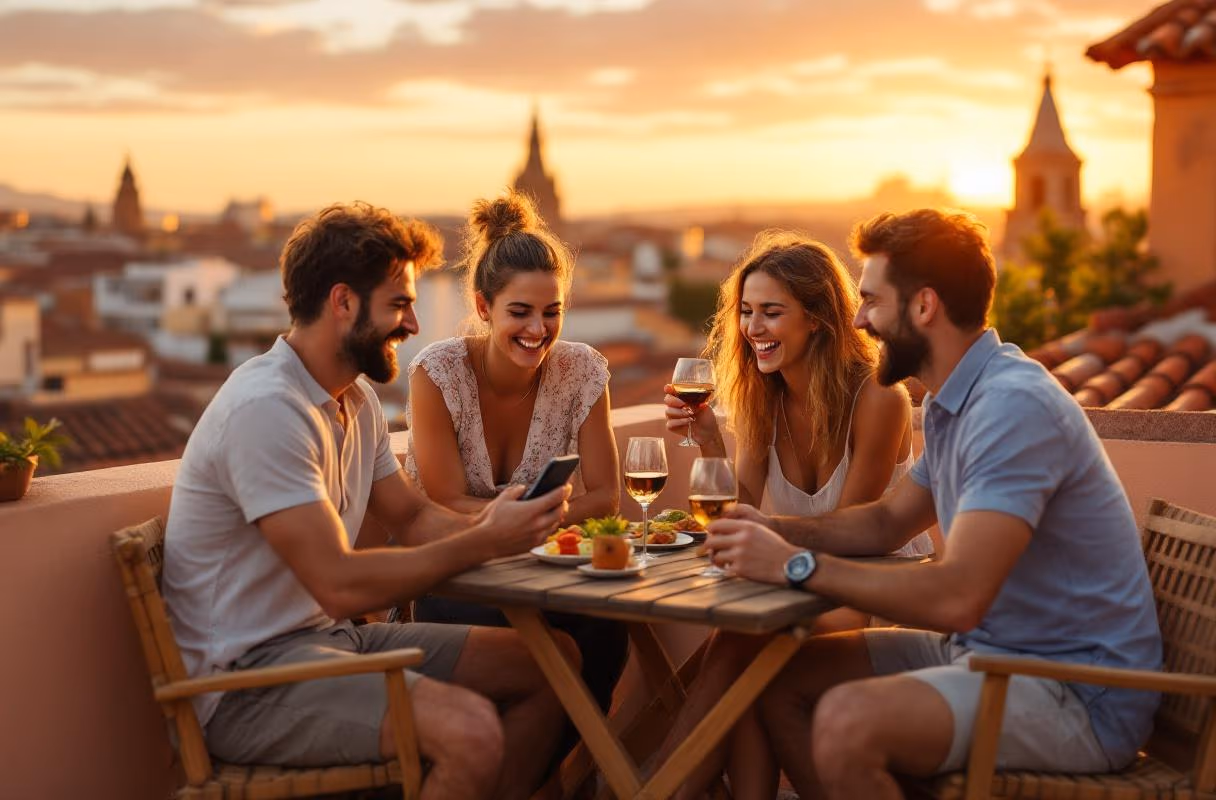 Two couples on a Seville rooftop at sunset — one man showing something funny on his phone while the others laugh, with the Giralda tower in the background