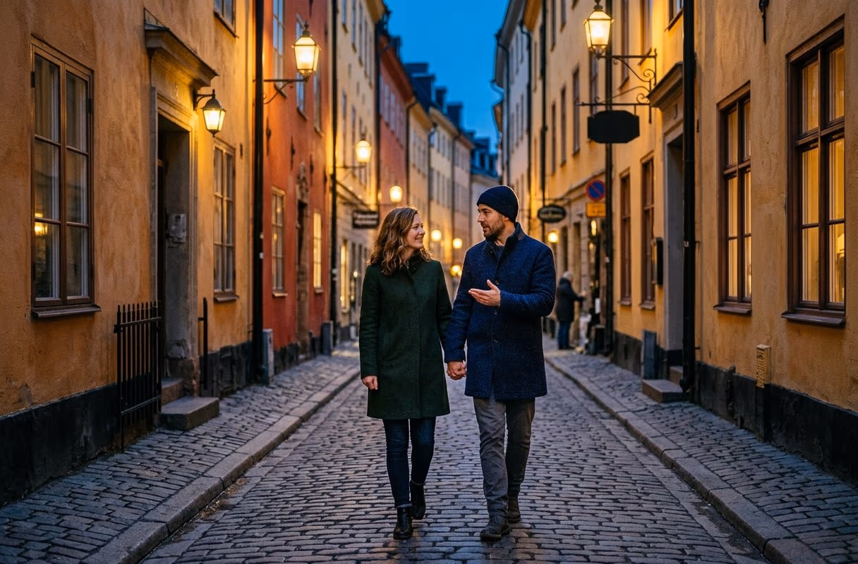 Gamla Stan at dusk — where the city quietens and slows down A couple walking close together through a narrow lamplit lane in Gamla Stan at dusk