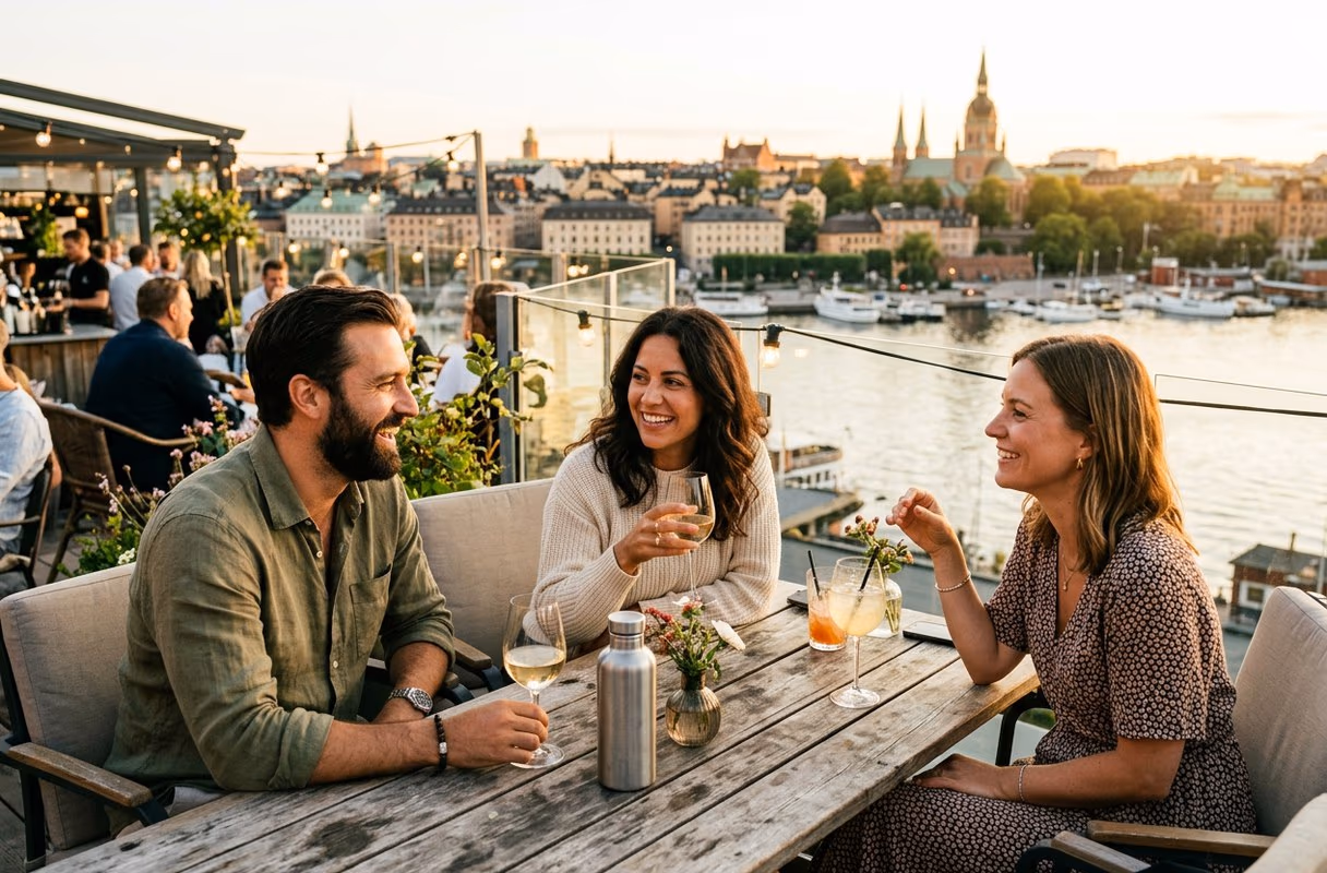 A Södermalm rooftop — Stockholm's open side, above the waterline Three people talking over drinks on a rooftop terrace in Södermalm with the city skyline behind
